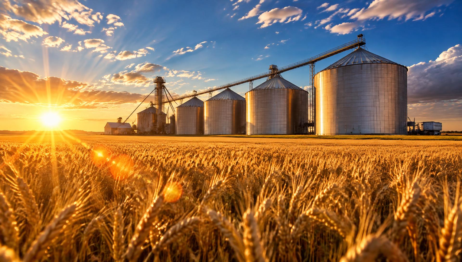 Steel grain bins beside a golden wheat field under a blue sky at sunrise